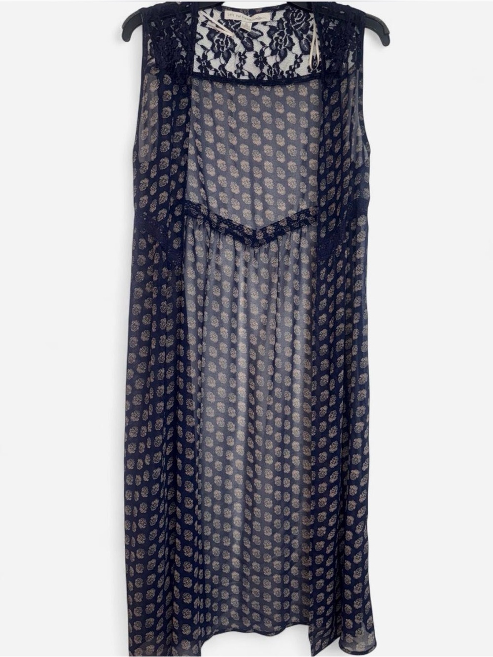Sheer Navy Lace-Trim Sleeveless Duster - Women’s Intimates